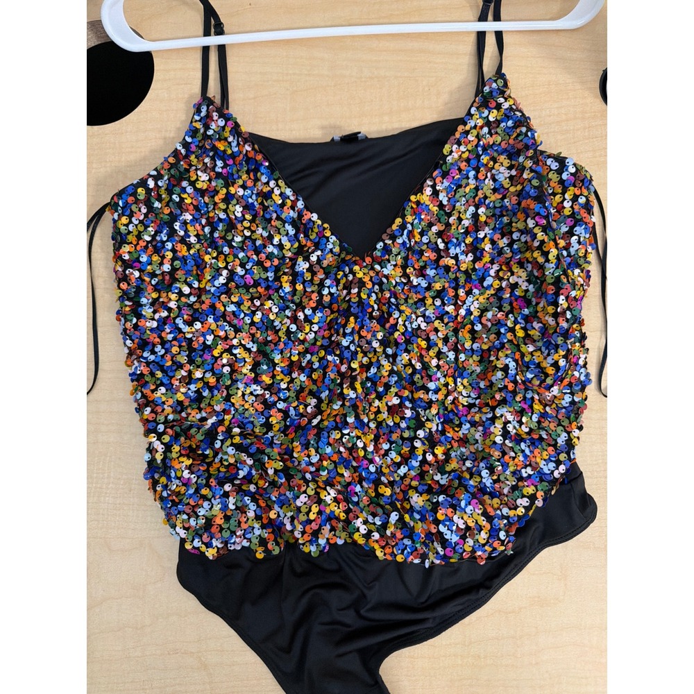 Guess Los Angeles Multi-Color Sequin Bodysuit Black Thong V-Neck Large